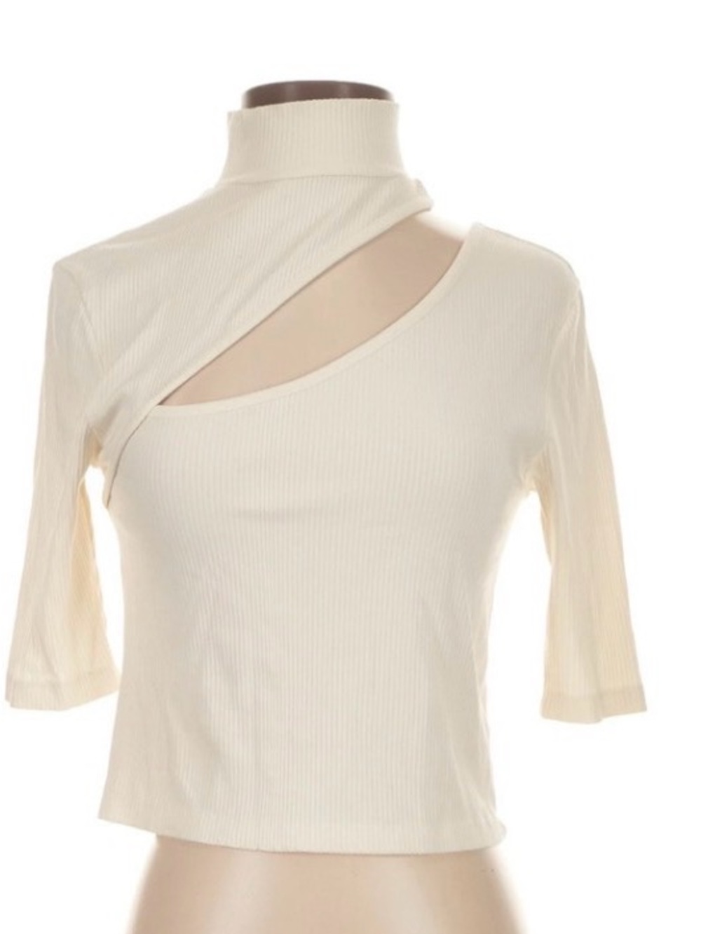OAK + FORT Cream Asymmetric Cutout Ribbed Long Sleeve Top